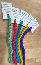 Load image into Gallery viewer, Sampler of hand dyed wool threads in spring colors of green, pink, blue, yellow and purple.  Great for wool applique, crewel work and any hand embroidery.
